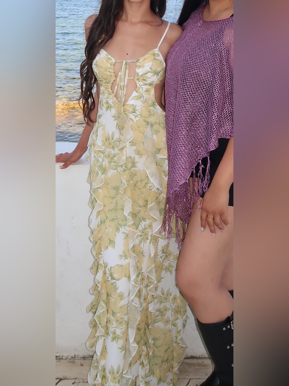Women’s Yellow Floral Ruffle Backless dress
